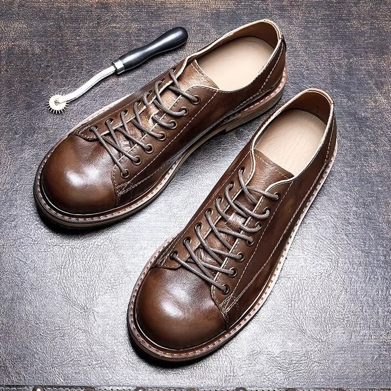 Formele Herenschoenen Leer Met Ronde Neus Veterschoenen - Koffie