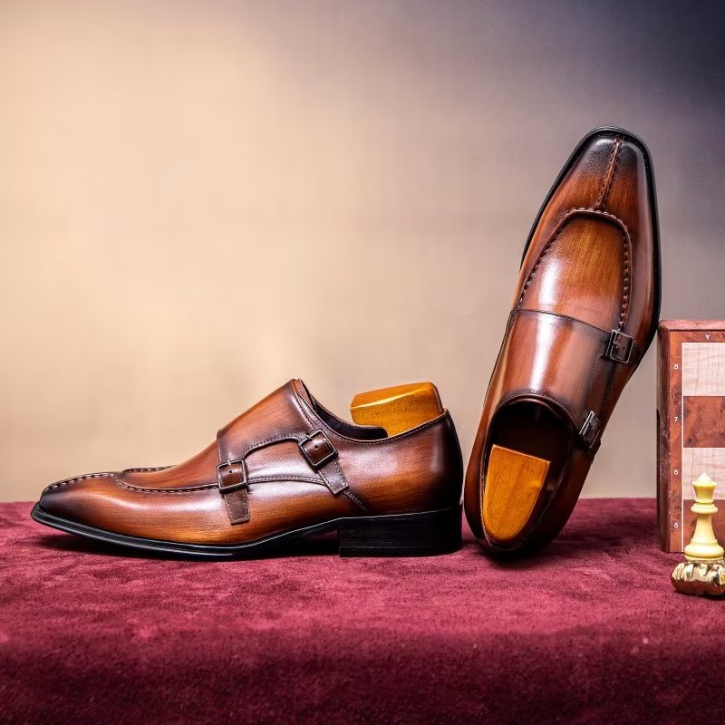 Formele Herenschoenen Monkstrap Elegante Rundlederen Kledingschoenen - Koffie
