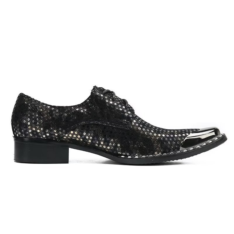 Formele Schoenen Heren Luxe Leren Derby-schoenen Met Exotische Textuur Vierkante Neus - Zwart