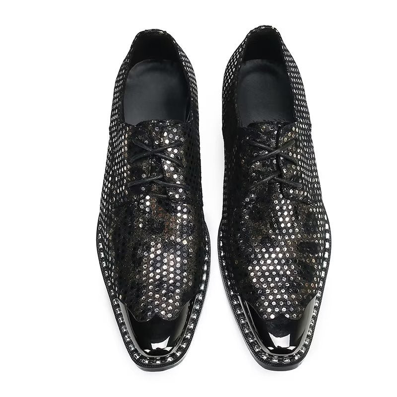 Formele Schoenen Heren Luxe Leren Derby-schoenen Met Exotische Textuur Vierkante Neus - Zwart