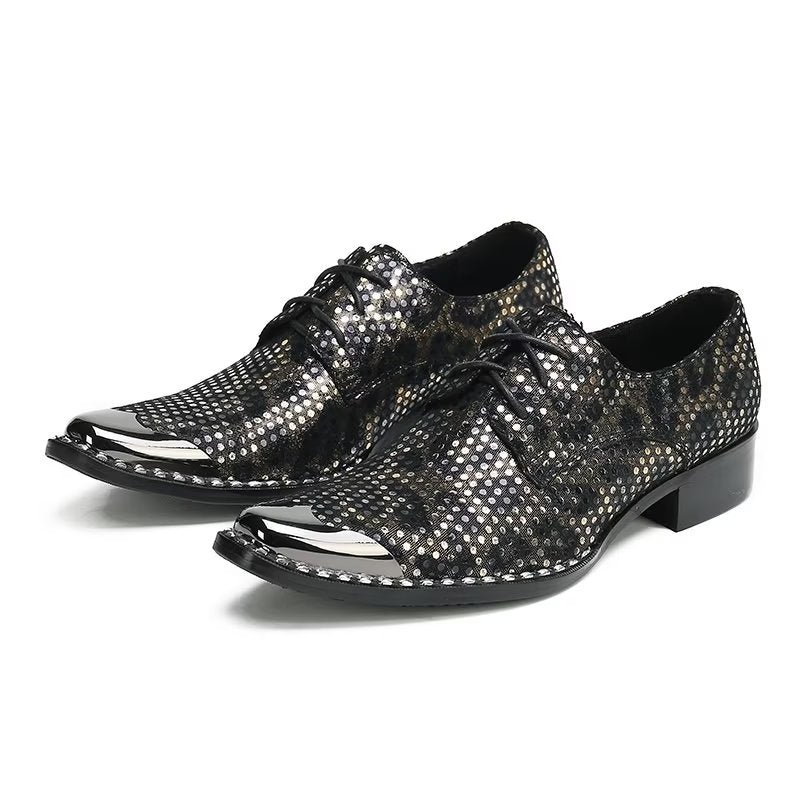 Formele Schoenen Heren Luxe Leren Derby-schoenen Met Exotische Textuur Vierkante Neus - Zwart