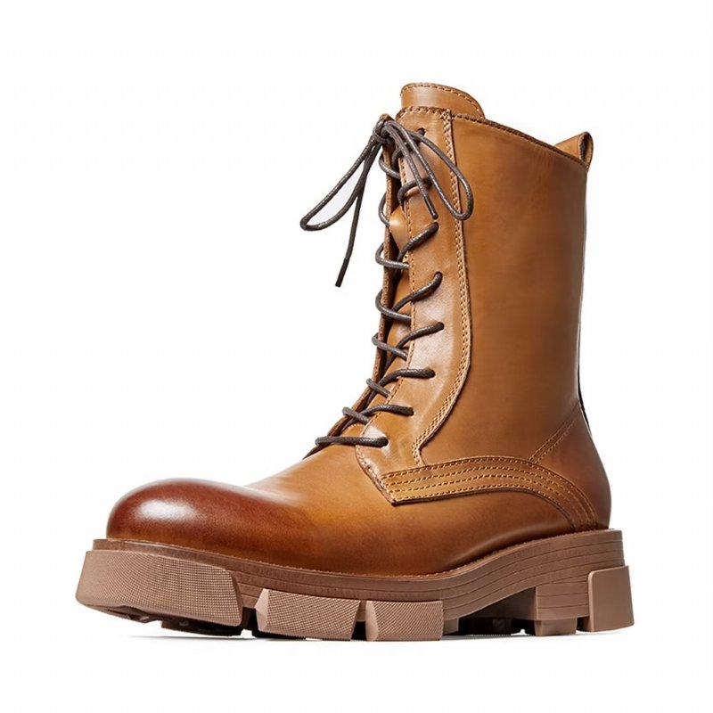 Herenlaarzen Schapenvacht Chique Vintage Martin Boots Met Korte Rits Studs - Bruin