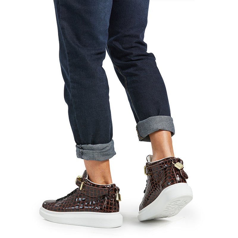 Herensneakers Luxe Crocemboss Hoge Designer Sneakers - Koffie