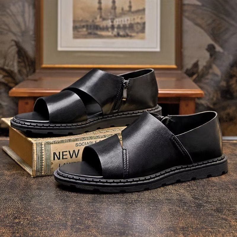 Vrijetijdsschoenen Heren Leren Sandalen Met Peeptoe - Zwart